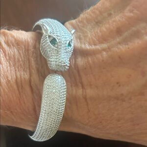 Sterling Silver Panther Head Bracelet with Green Accents